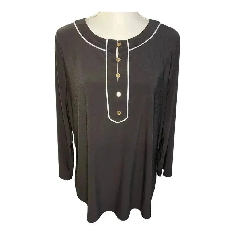 ANNE KLEIN Women’s XL Black Lily Long‎ Sleeve 5 Gold Button Neck Top